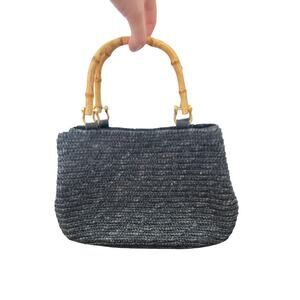 Vintage Black Woven Purse‎ with Bamboo Handles & Gold Hardware